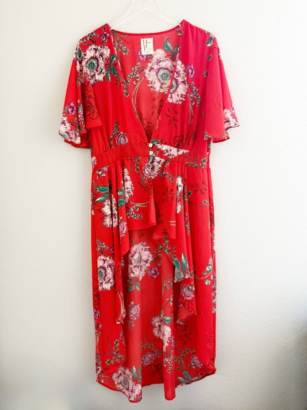 Haute Project Red Floral Hi Lo Blouse with Flutter Sleeves